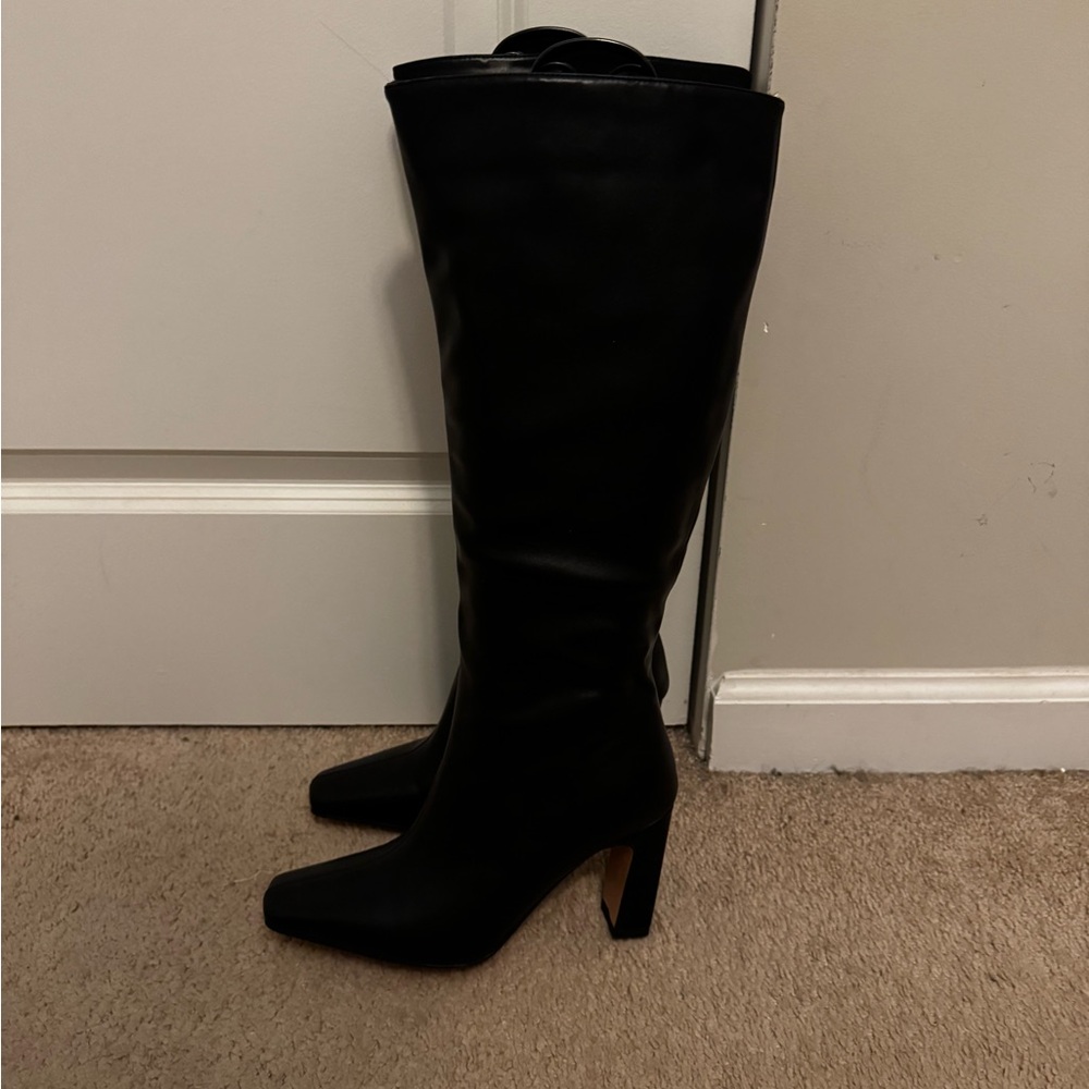 Sleek Black Tall Boots Block Heel Pointed Square Toe w/ Side Zippper